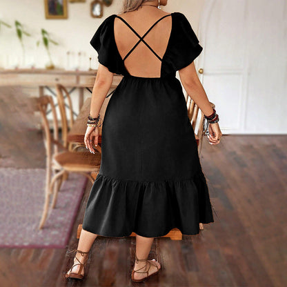 Robe longue femme – Décolleté en V – Manches courtes bouffantes – Coupe évasée – Tissu fluide coton – Ourlet volanté