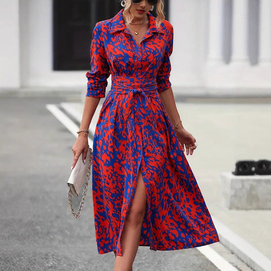Robe femme coupe évasée – Boutonnée – Manches longues – Ceinture taille – Tissu respirant