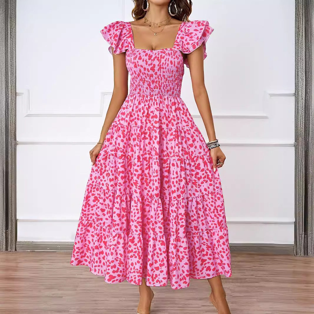 Robe longue femme – Bretelles à volants – Buste smocké – Jupe évasée à volants – Tissu respirant