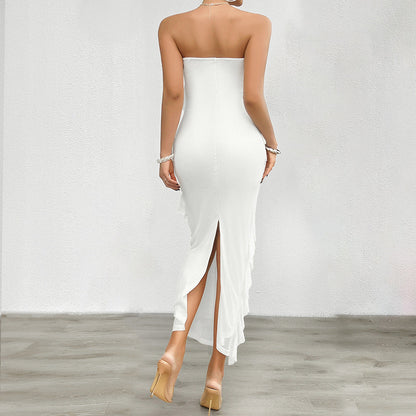 Robe femme bustier – Coupe moulante – Longue – Volants asymétriques élégants