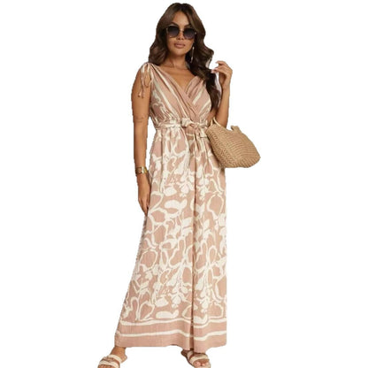 Combinaison femme – Sans manches – Décolleté en V – Taille nouée – Coupe fluide imprimée