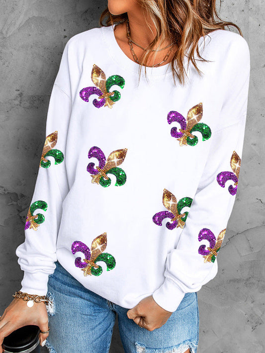 Sweatshirt femme – Coupe décontractée – Motif à sequins – Col rond – Manches longues
