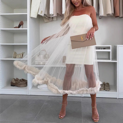 Robe midi femme – Sans bretelles – Coupe évasée – Tulle léger – Ourlet volanté