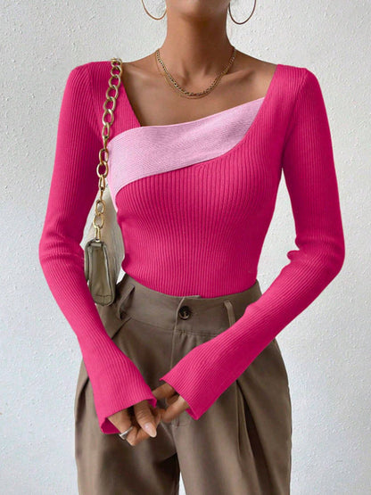 Haut Femme – Coupe Cintrée – Col Asymétrique – Maille Côtelée – Manches Longues