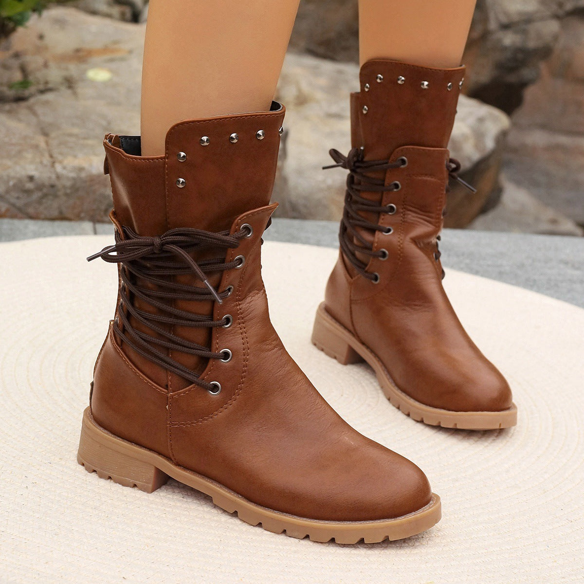 Bottes Femme Mi-Mollet – Similicuir – Lacets – Talon Épais – Semelle Crantée