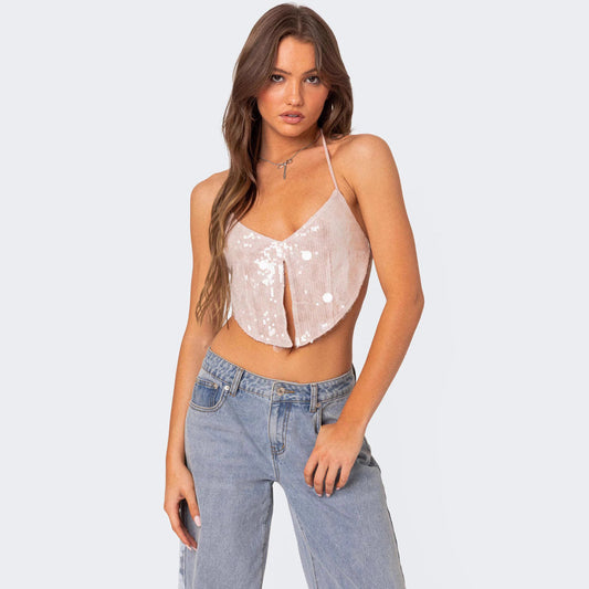 Top court femme – Dos nu pailleté – Décolleté plongeant – Style soirée sexy