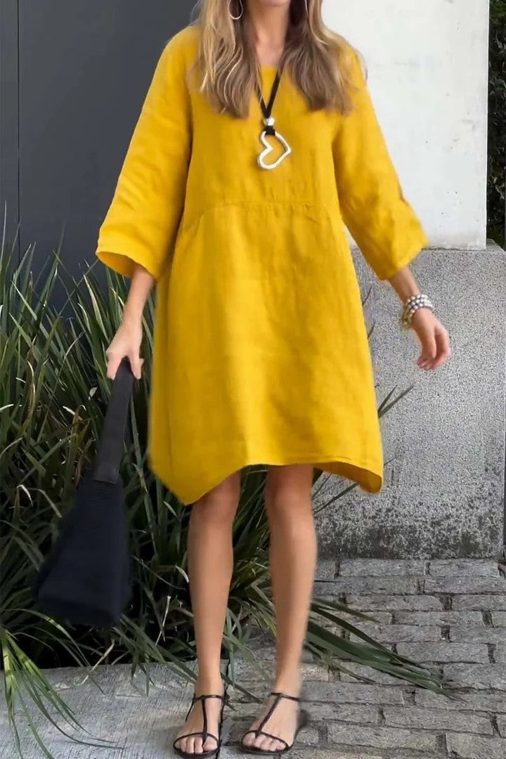 Robe femme – Coupe droite – Tissu coton lin – Manches 3/4 – Longueur genou – Poches