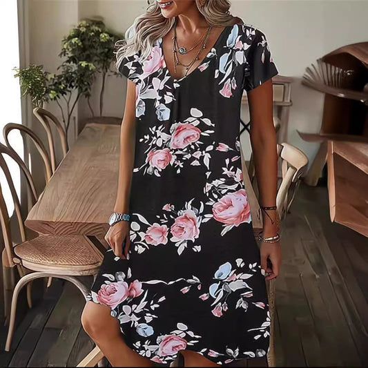 Robe femme – Coupe ample – Imprimé fleuri – Col en V – Manches courtes – Tissu léger