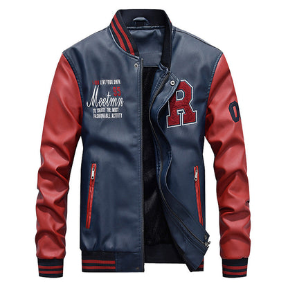 Blouson homme style varsity – Corps cuir lisse – Finition côtelée – Fermeture pression