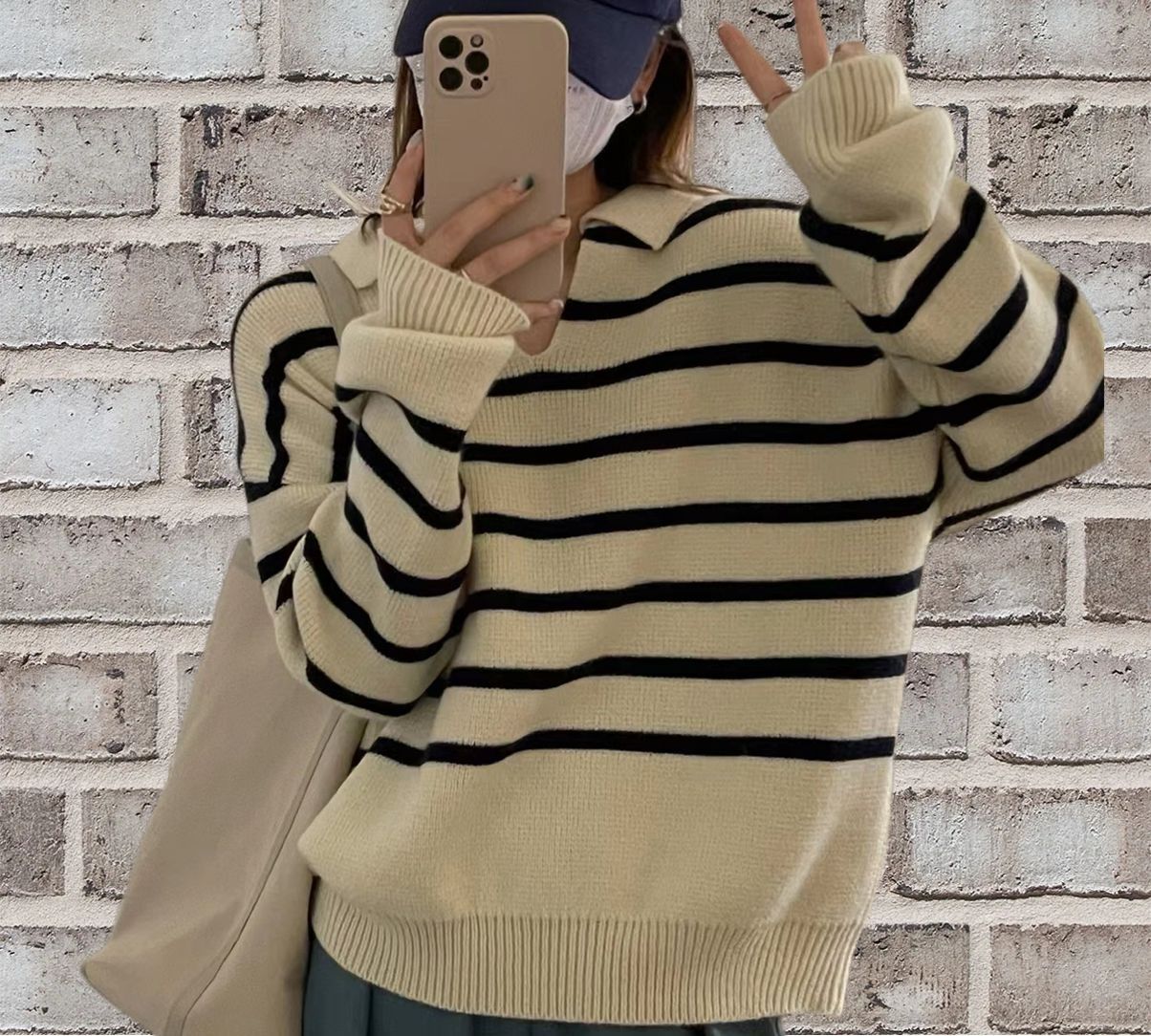 Pull femme – Coupe décontractée – Maille laine – Col V – Rayé manches longues