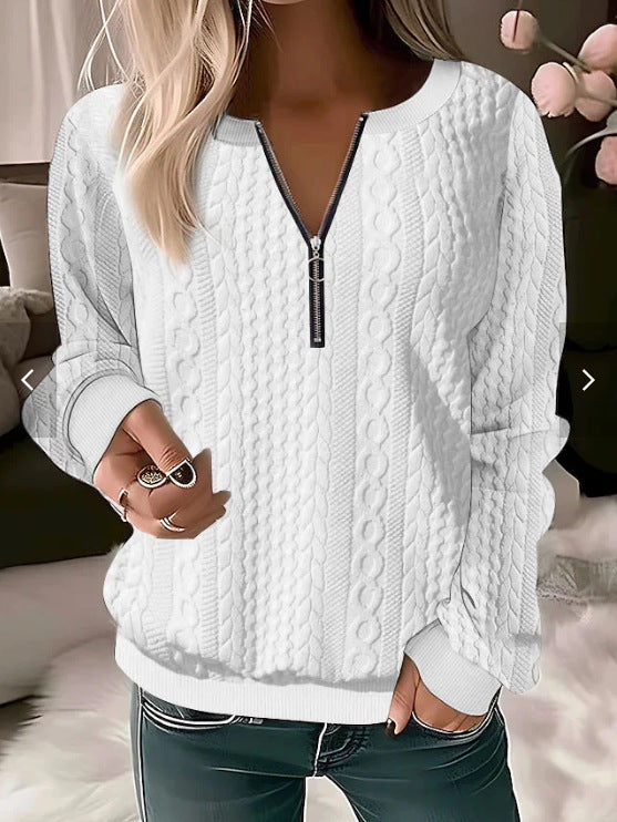 Pull femme – Tricot torsadé – Coupe décontractée – Col zippé ajustable – Laine douce