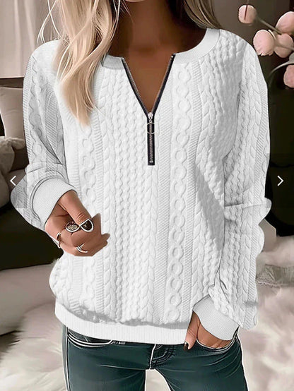 Pull femme – Tricot torsadé – Coupe décontractée – Col zippé ajustable – Laine douce