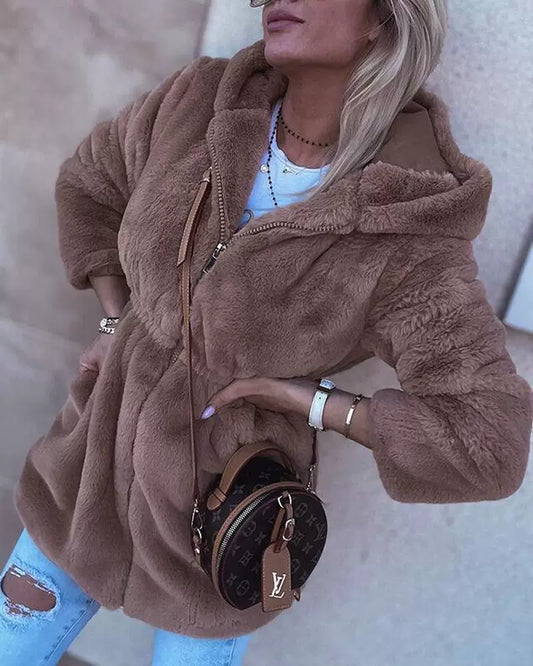 Femme Cardigan Capuche - Maille Pelucheuse - Coupe décontractée - Longueur mi-cuisse