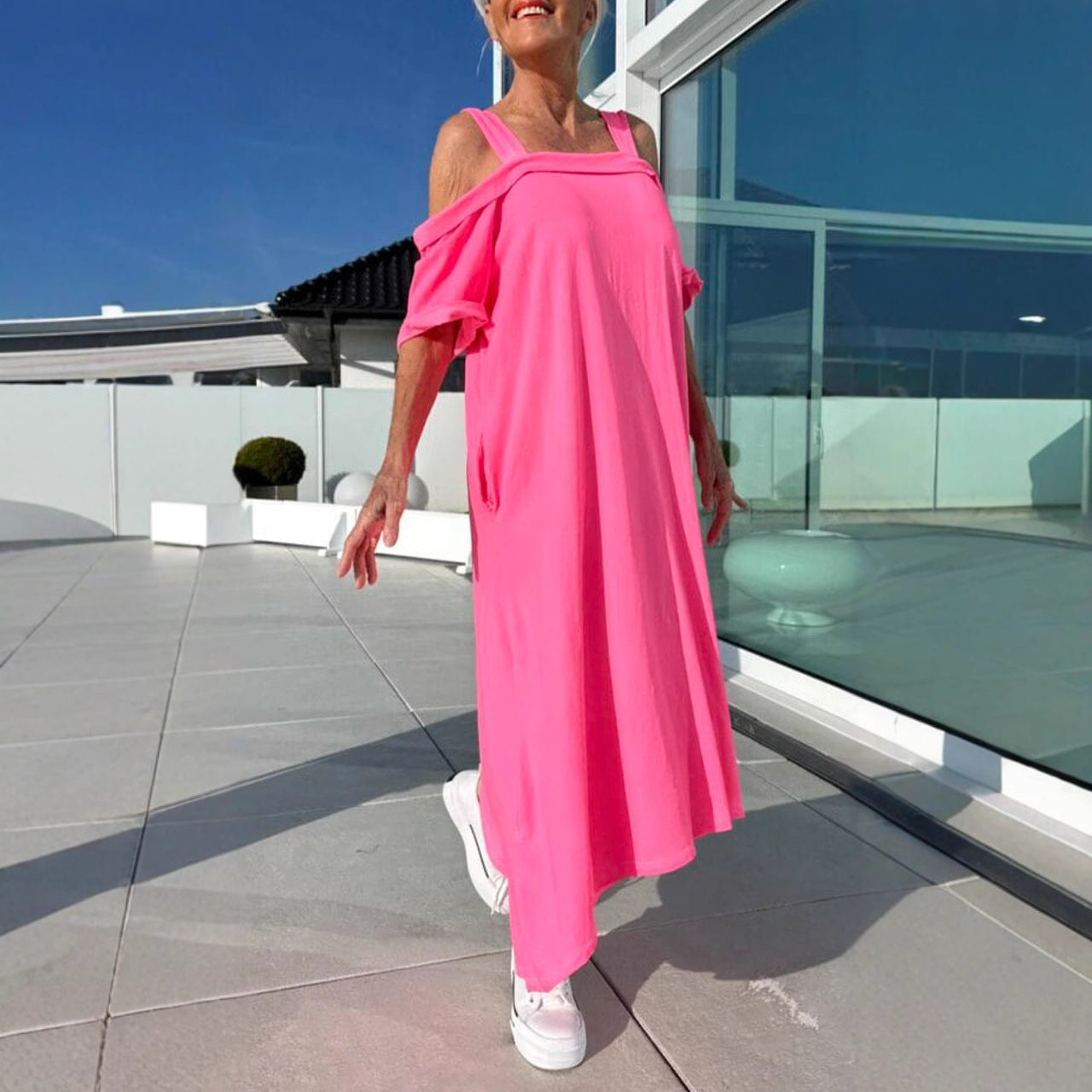 Robe longue femme – Épaules dénudées – Coupe ample – Tissu coton léger – Style décontracté