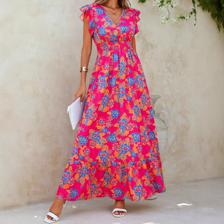 Robe longue sans manches femme – Imprimé fleuri – Col en V – Taille élastiquée – Coupe fluide