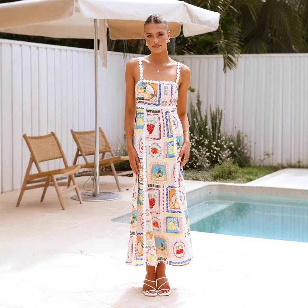 Robe longue femme – Lin mélangé – Imprimé géométrique – Bretelles dentelle – Coupe fluide