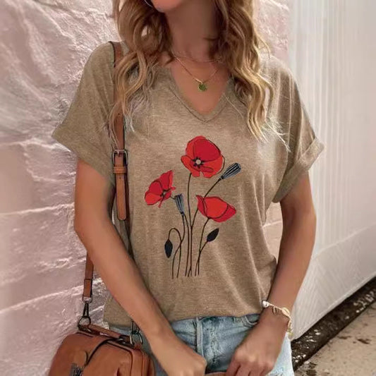 T-shirt femme – Coupe décontractée – Col V – Manches courtes – Imprimé floral