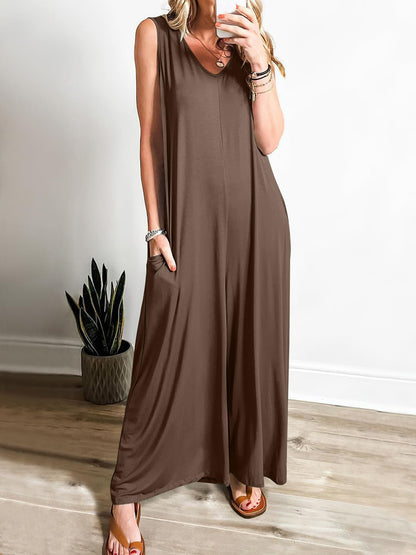 Robe longue femme – Sans manches – Décolleté en V – Coupe fluide – Maille douce avec poches