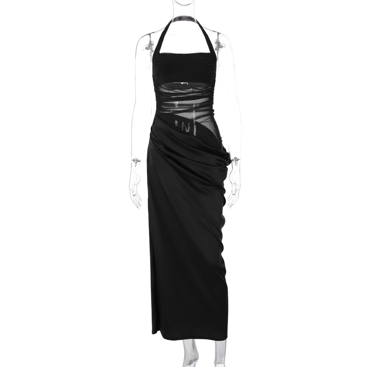 Robe longue femme – Bodycon – Col halter – Détails mesh – Style soirée élégant