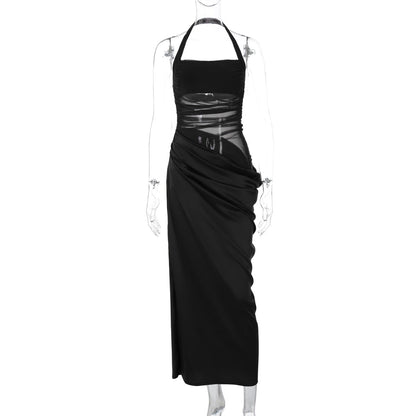 Robe longue femme – Bodycon – Col halter – Détails mesh – Style soirée élégant