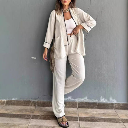 Ensemble Pantalon Femme – Coupe Ample – Blazer Long Ouvert – Tissu Léger et Doux