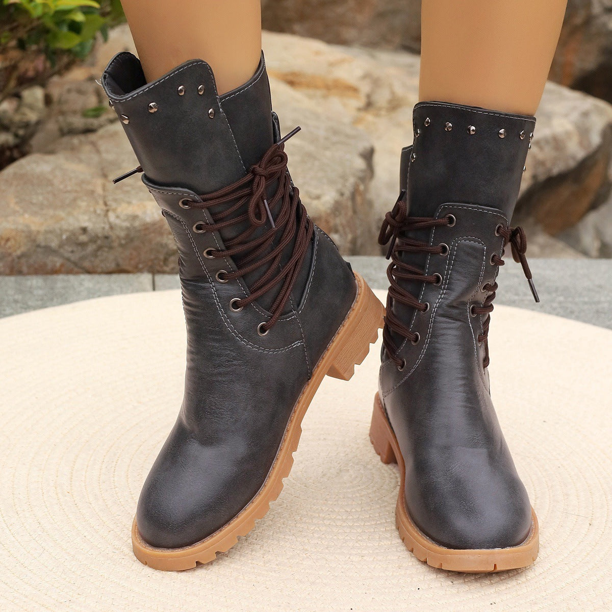 Bottes Femme Mi-Mollet – Similicuir – Lacets – Talon Épais – Semelle Crantée