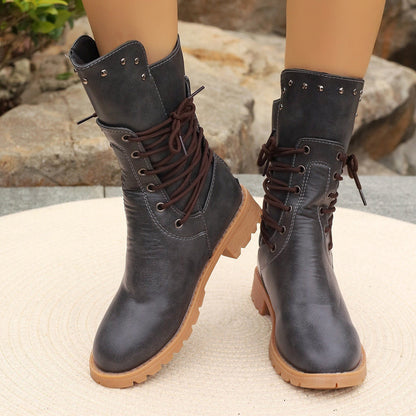 Bottes Femme Mi-Mollet – Similicuir – Lacets – Talon Épais – Semelle Crantée
