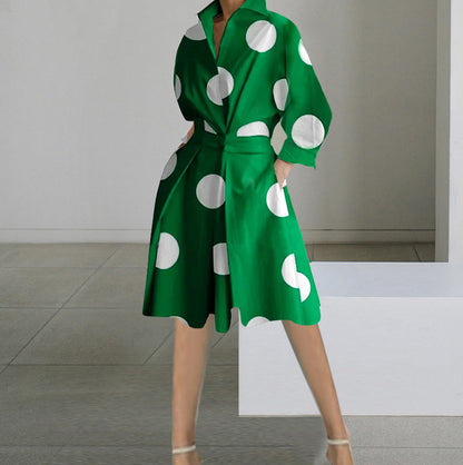 Robe mi-longue femme – Coupe fluide – Col en V – Manches longues – Motif à pois