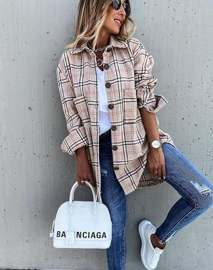 Veste femme à carreaux – Coupe oversize – Tissu effet laine – Longueur mi-cuisse