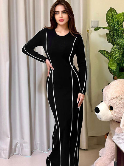 Robe longue élégante à manches longues pour femme – Rayures contrastées – Coupe moulante