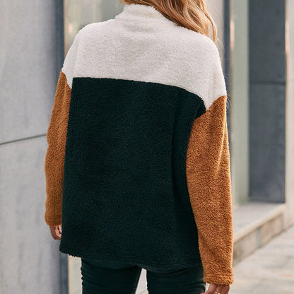 Sweat-shirt femme – Coupe oversize – Tissu duveteux – Demi-zip – Design patchwork
