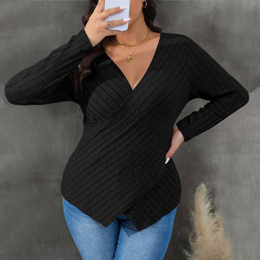Top portefeuille femme – Maille côtelée – Coupe ajustée – Décolleté en V élégant