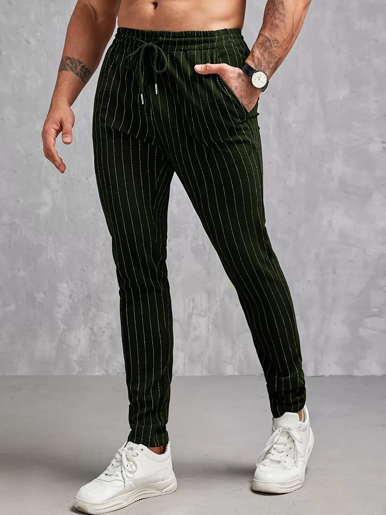 Pantalon skinny homme – Coupe slim – Taille élastique – Rayé – Tissu léger respirant