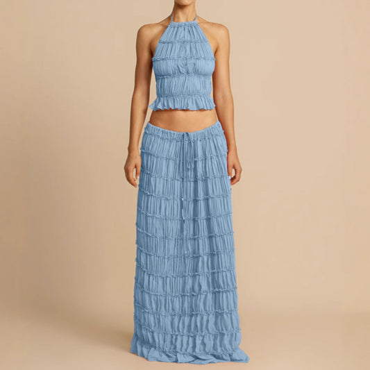 Ensemble femme deux pièces – haut dos nu froncé – jupe longue taille élastique – tissu respirant