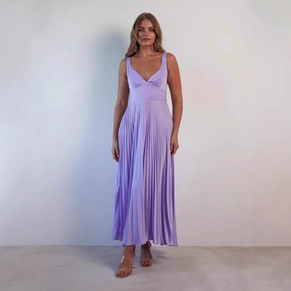 Robe midi femme – Satin fluide – Décolleté en V – Plissée – Bretelles fines