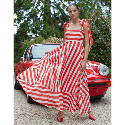Robe maxi femme – Mélange coton – Coupe fluide – Bretelles à nouer – Buste smocké
