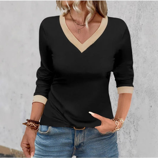 T-shirt femme col V – Maille douce – Coupe décontractée – Manches 3/4 – Finition épurée