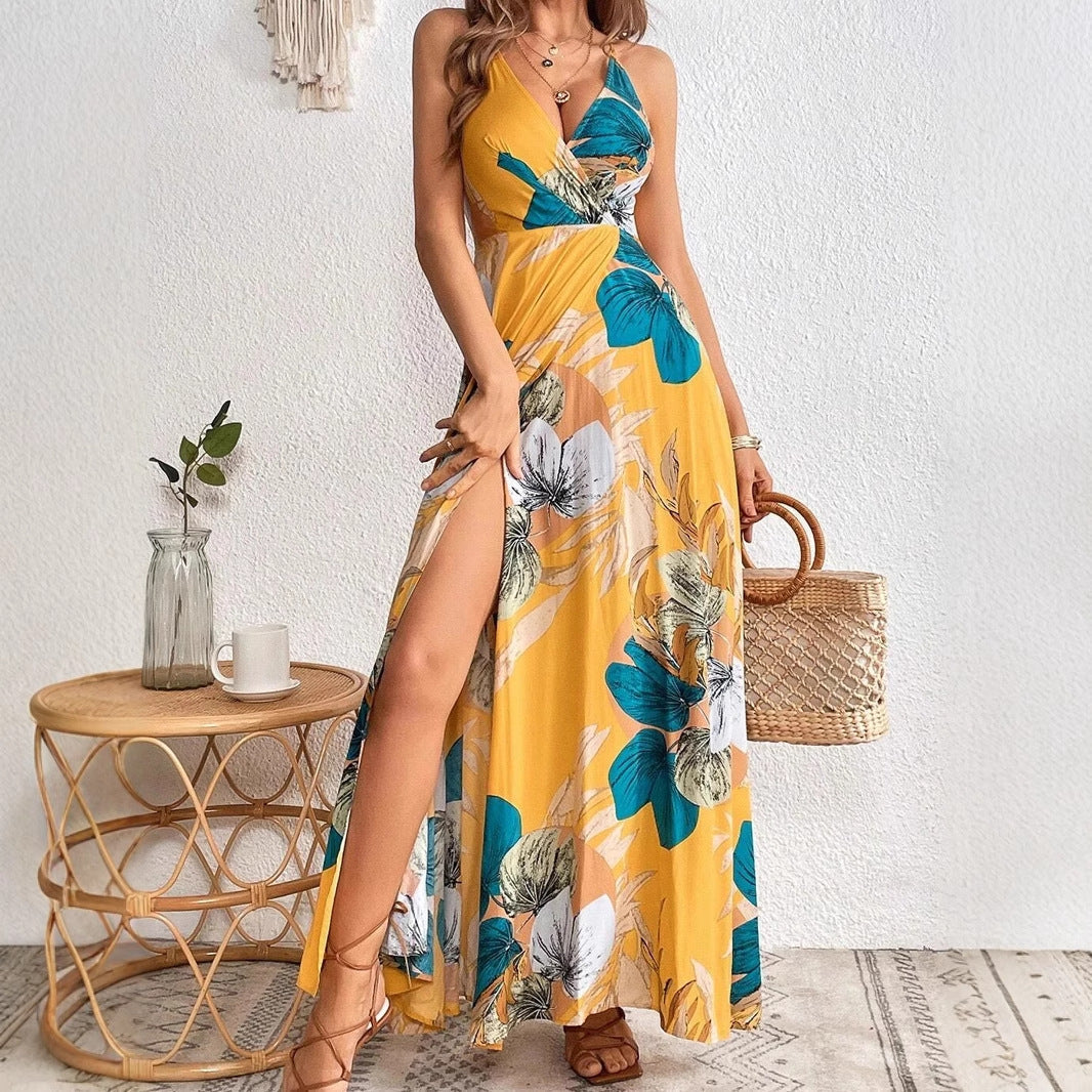 Robe longue femme – Imprimé floral tropical – Décolleté plongeant – Fente haute