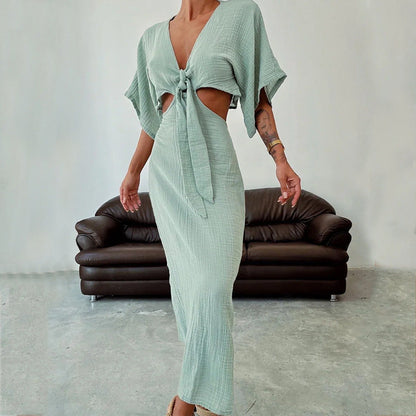 Robe longue femme – Coupe slim – Décolleté V – Dos nu – Découpes à la taille – Manches courtes