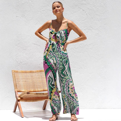 Combinaison femme – Jambes larges – Bretelles fines – Nœud devant – Tissu léger