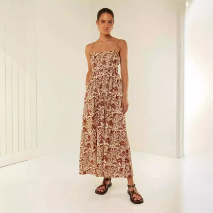 Robe longue femme – Épaules dénudées – Bretelles fines – Coupe fluide – Haut froncé