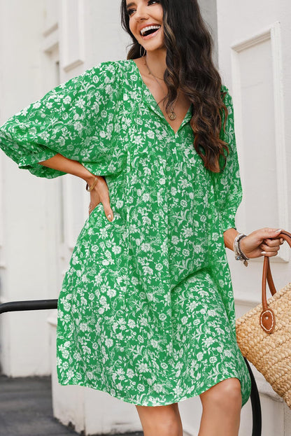 Robe midi femme – Tissu léger – Coupe décontractée – Manches lanterne – Imprimé bohème