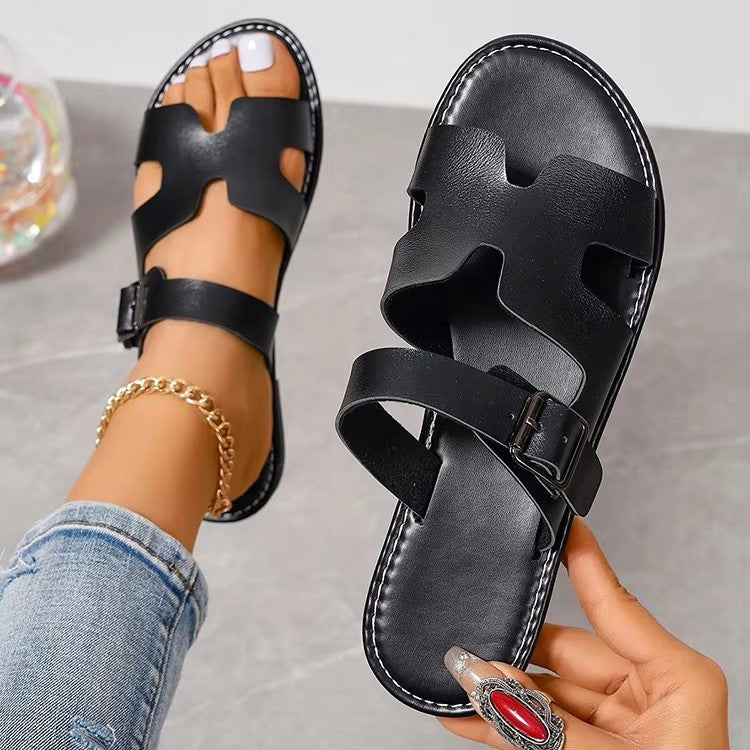 Sandales femme – Similicuir – Bout ouvert – Semelle plate – Bride réglable