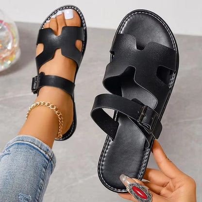 Sandales femme – Similicuir – Bout ouvert – Semelle plate – Bride réglable