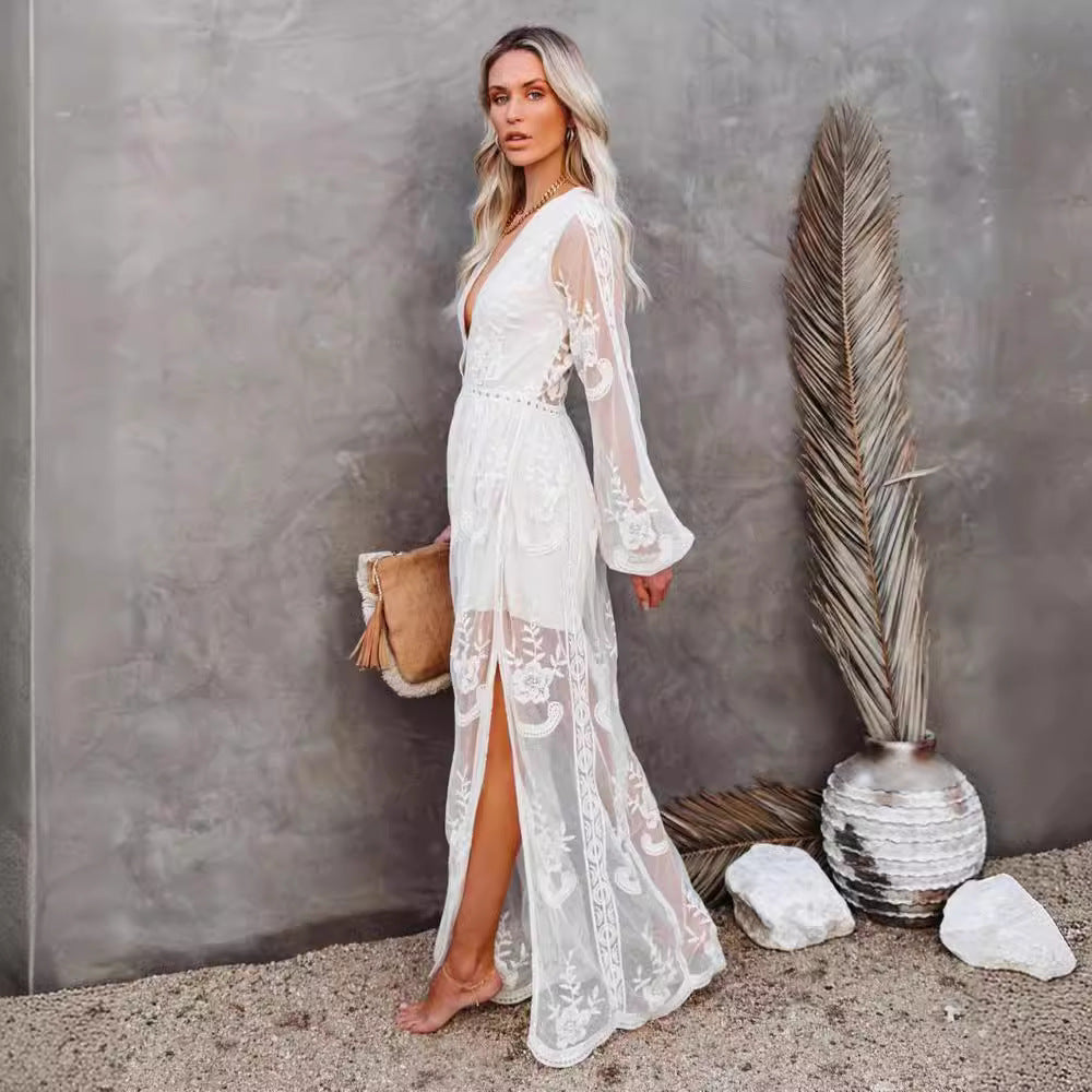 Robe Longue Femme – Dentelle et Mousseline – Manches Transparentes – Fente Haute – Col V