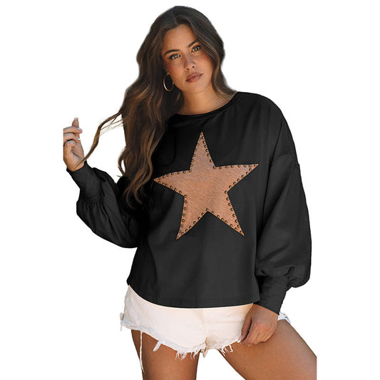 Sweatshirt femme – Coupe décontractée – Imprimé étoile – Manches longues – Toucher coton