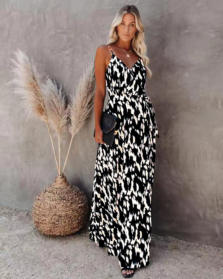 Robe femme mi-longue – Coupe slim – Imprimé – Décolleté en V – Bretelles fines