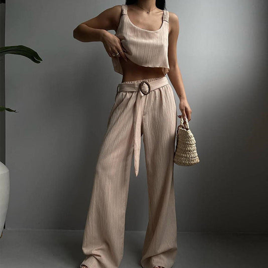Ensemble Femme – Haut Court et Pantalon Large Taille Haute – Tissu Respirant Fluide