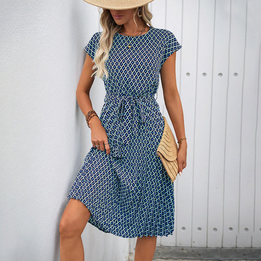 Robe midi femme – Coupe décontractée – Taille ceinturée – Manches courtes – Tissu respirant – Motif graphique