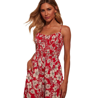 Combinaison femme – Taille smockée – Imprimé fleuri – Bretelles fines – Jambe large